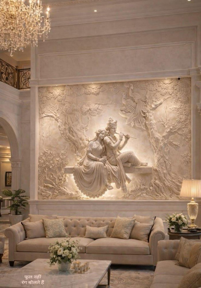 Almost Stone Radha-Krishna Relief Wall Mural